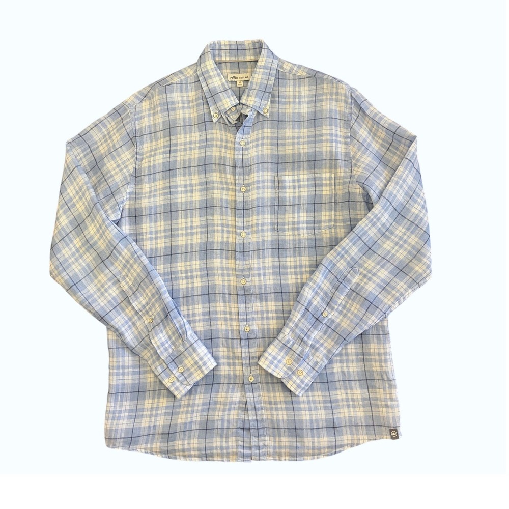 Peter Millar 100% Linen Button Up Shirt Mens‎ Medium Blue Plaid Preppy Relaxed